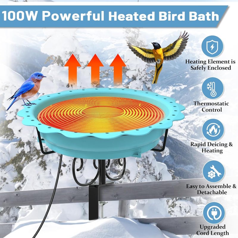 We-buys Heated Bird Baths for Outdoors, 100W Heated Bird Bath for Deck Railing, Heated Birdbath with Thermostat Control, Heated Bird Bath for Outside Winter Garden Patio Yard (Blue) - Image 2